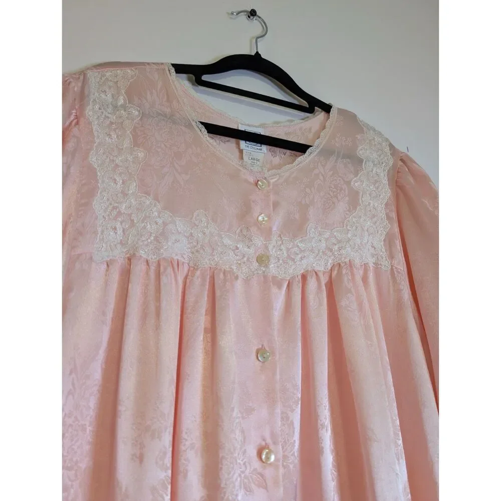 Vintage Eve Stillman Nightgown L Pink Floral Lace Trim Long Sleeve Maxi Gown - Picture 8 of 10